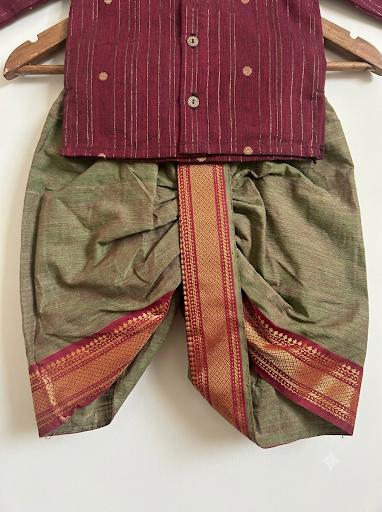Maroon & Gold Striped Kurta with Sage Green Dhoti Traditional ethnic wear for baby boy