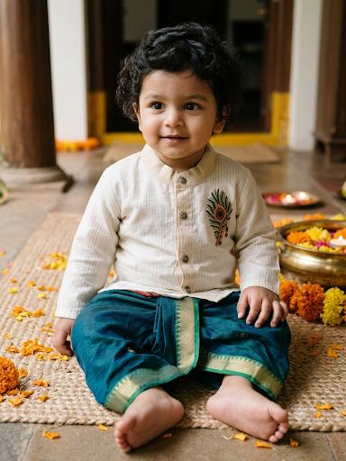 White with Gold Traditional Peacock Feather Embroidery with Peacock Blue Dhoti  for baby boy