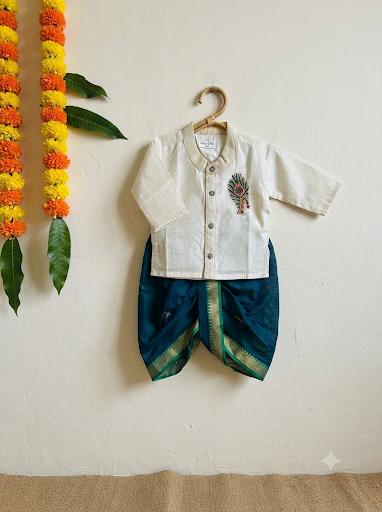 White with Gold Traditional Peacock Feather Embroidery with Peacock Blue Dhoti  for baby boy