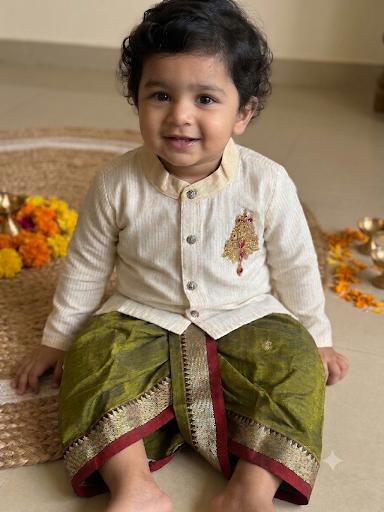 White with gold Traditional Temple Embroidered Kurta with Olive Green Dhoti for baby boy