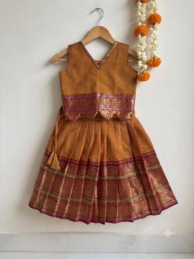 Mustard Yellow & Deep Maroon Traditional langa blouse pure kanchi cotton weave sleeveless for baby girl