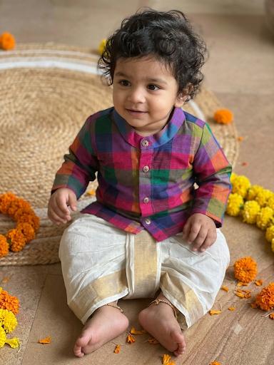Multi-Check Kurta with Cream Reshme Dhoti ethnic wear for baby boy