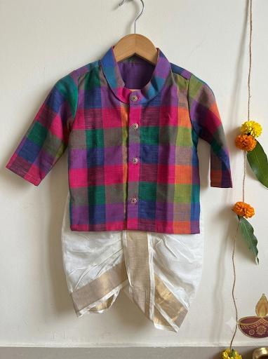 Multi-Check Kurta with Cream Reshme Dhoti ethnic wear for baby boy