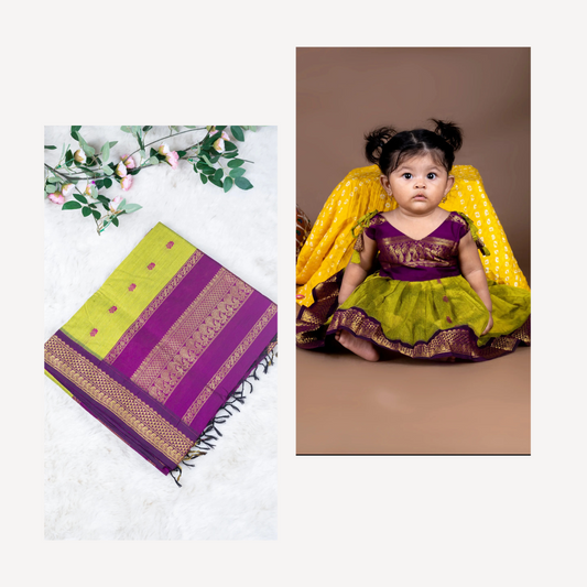 Green and wine - tie up frock & saree mom and daughter combo set