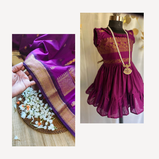 Grape wine - frock & cotton silk saree mom and daughter combo set