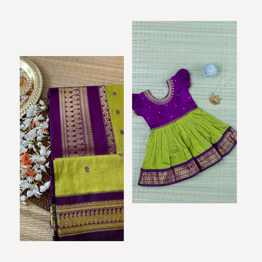 Green and wine - mom and daughter combo set ( frock and saree )