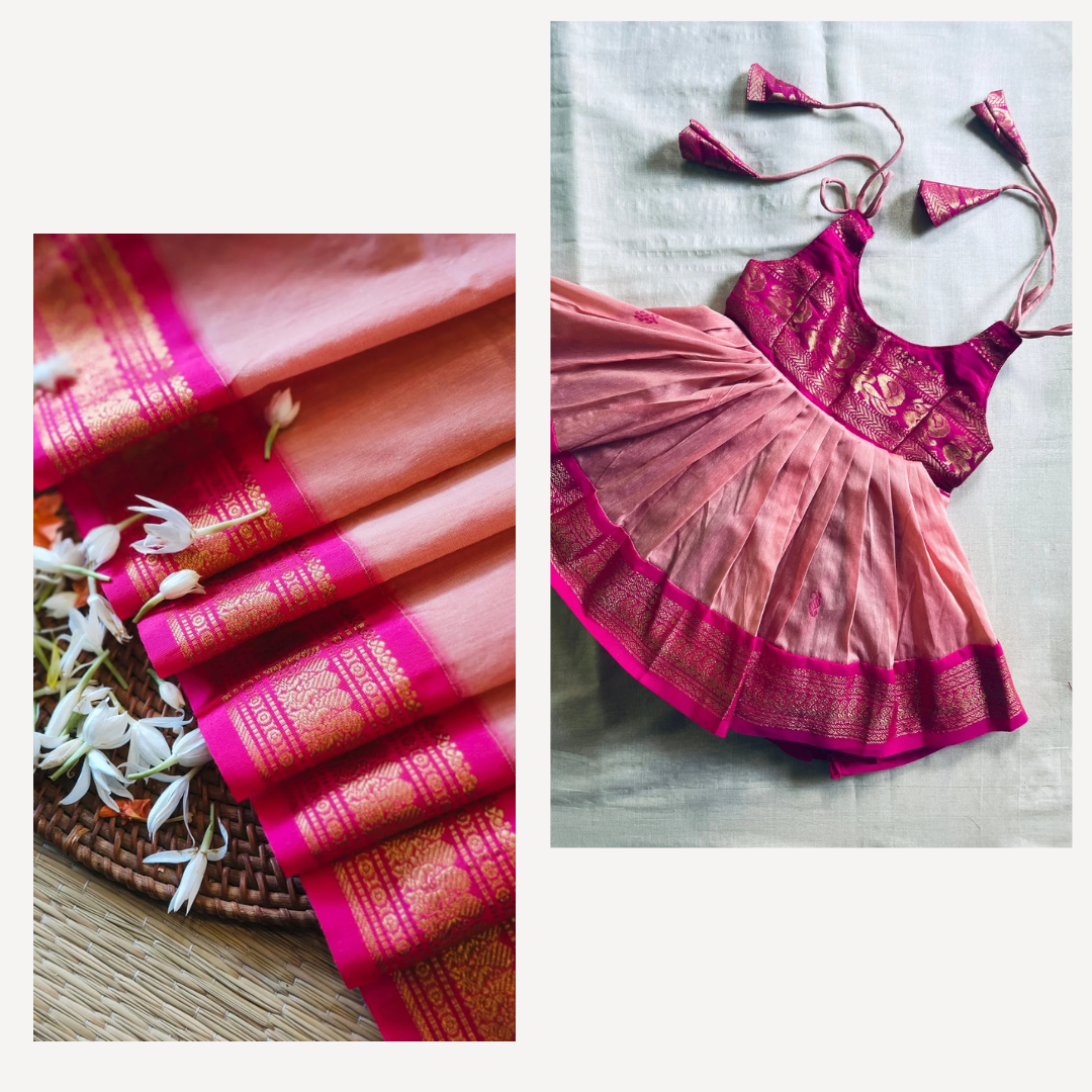 Blush an pink - tie up & saree mom and daughter combo set