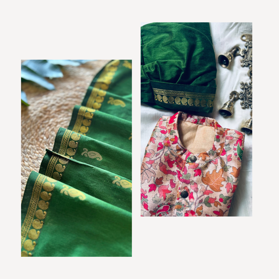 Kalamkari and green - dhoti kurta & saree mom and son combo set