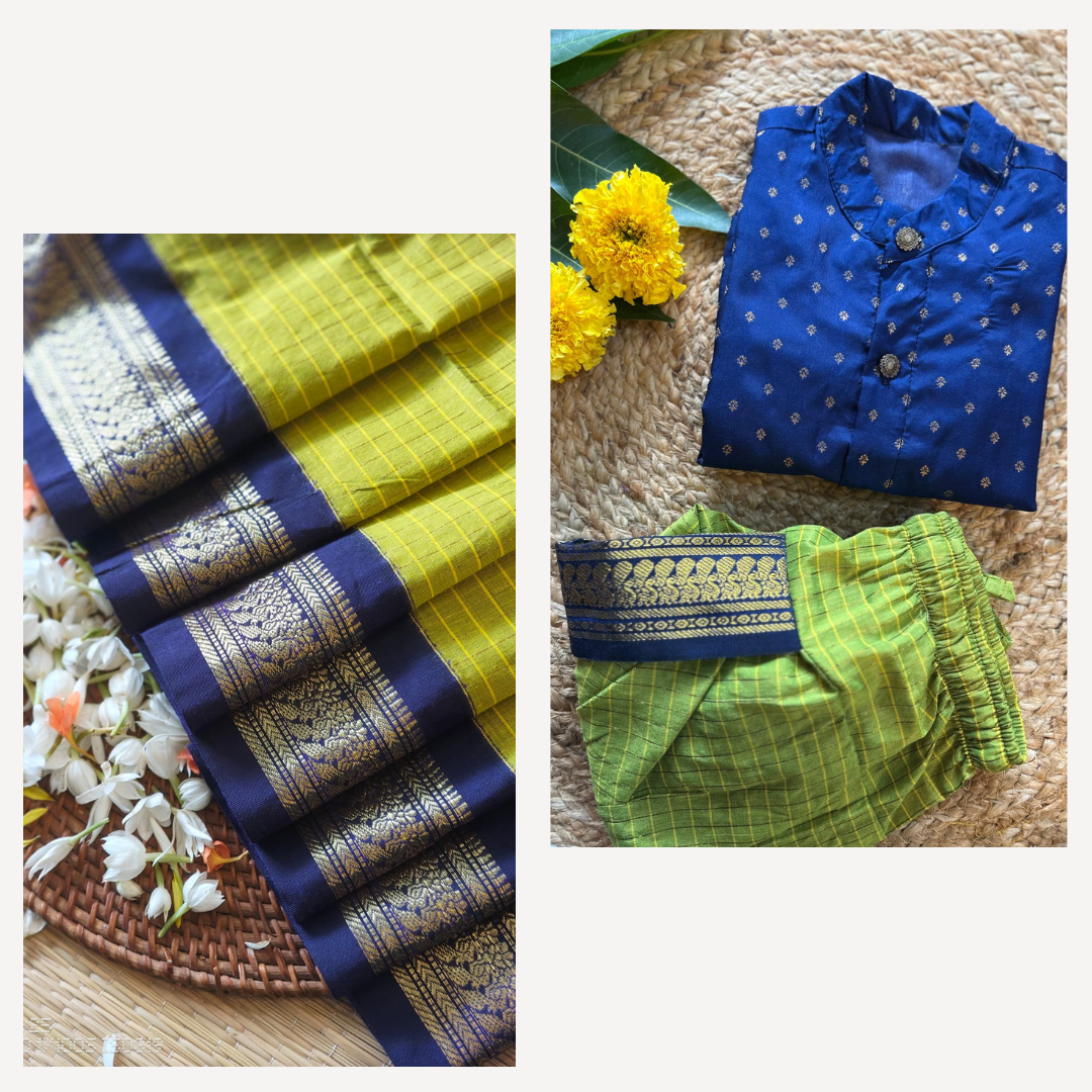 Green and blue - dhoti kurta & saree mom and son combo set
