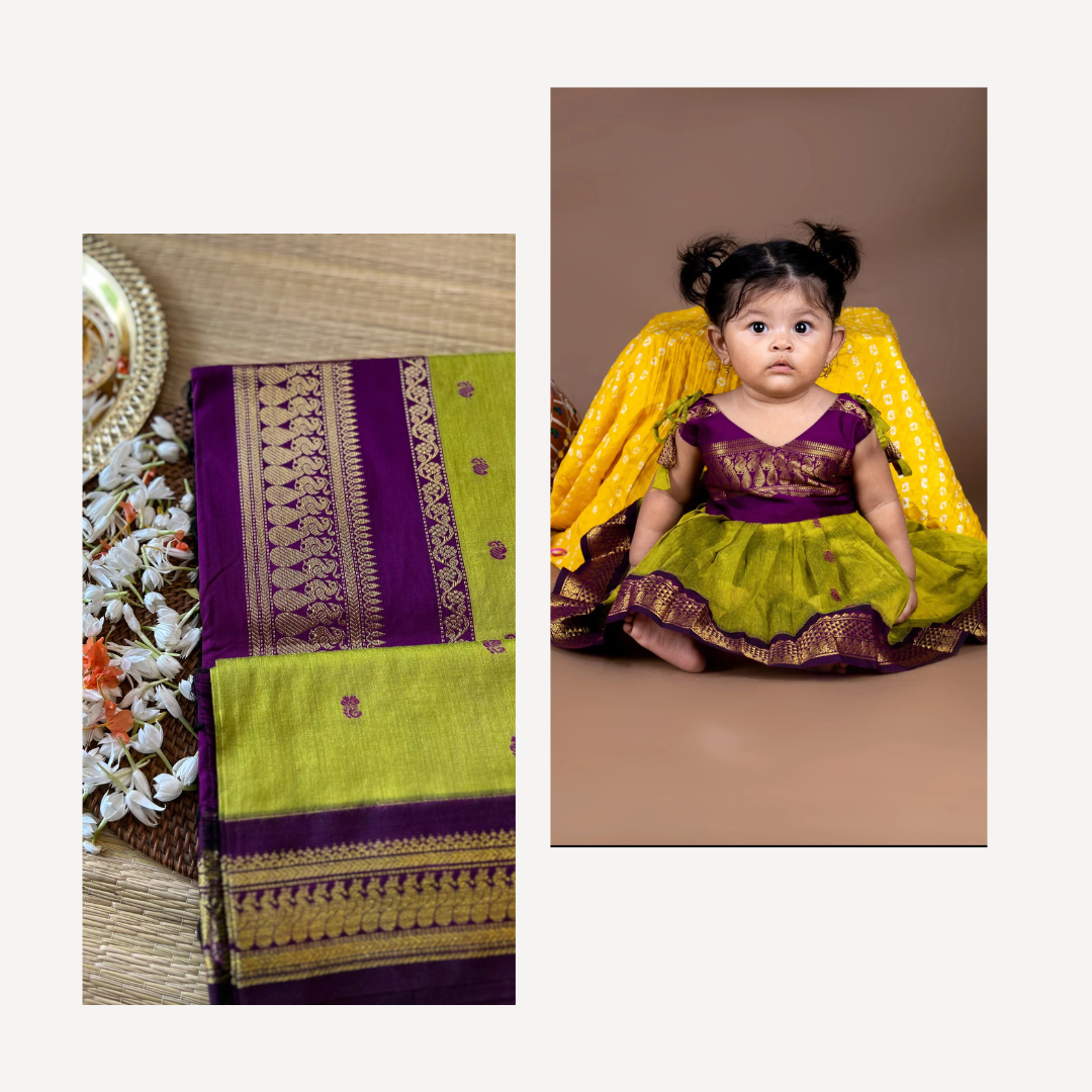 Green and wine - tie up frock & saree mom and daughter combo set