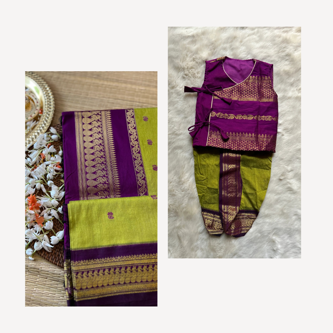 Green and wine - angrakha & saree mom and son combo set