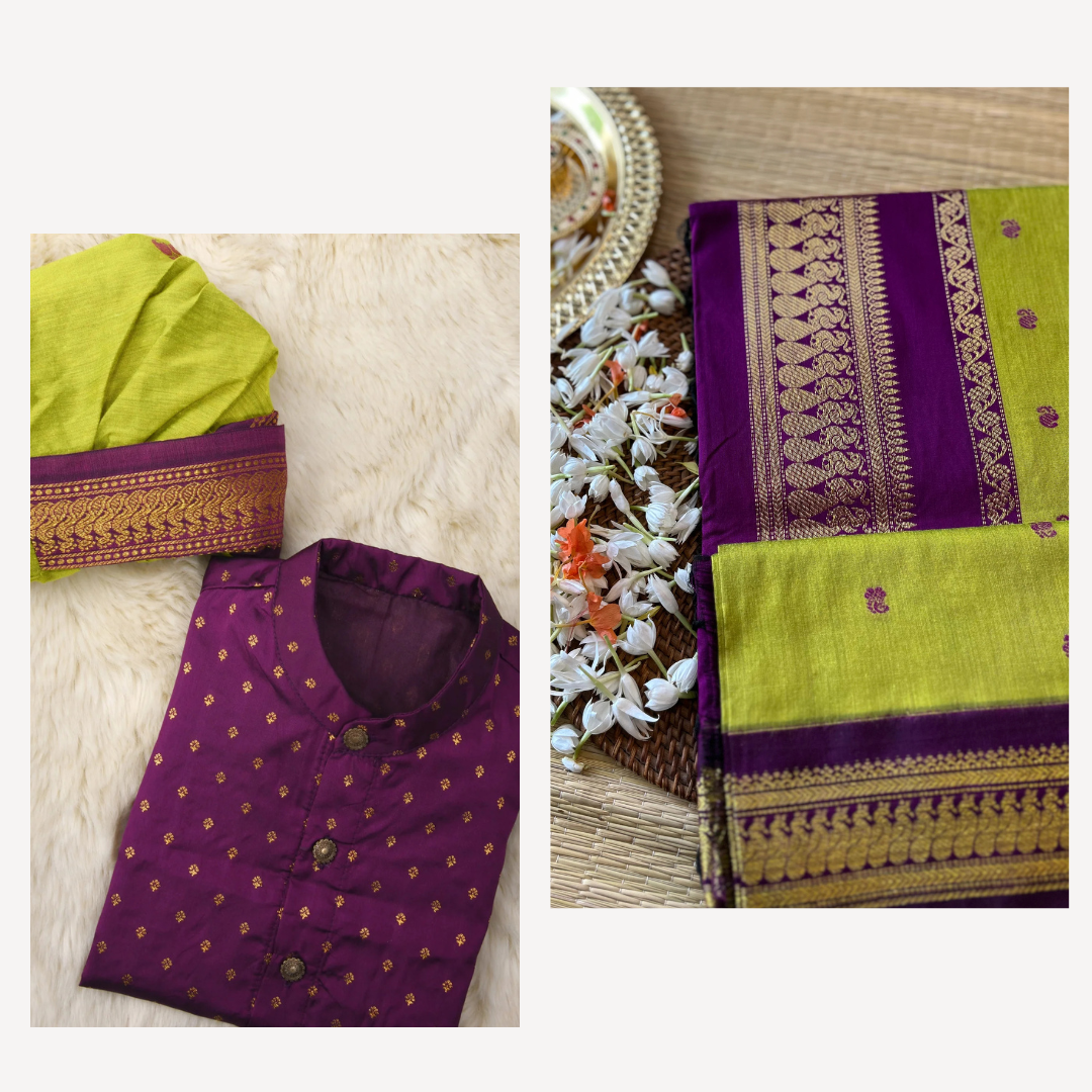 Green and wine kanchi Butta - mom and son combo set