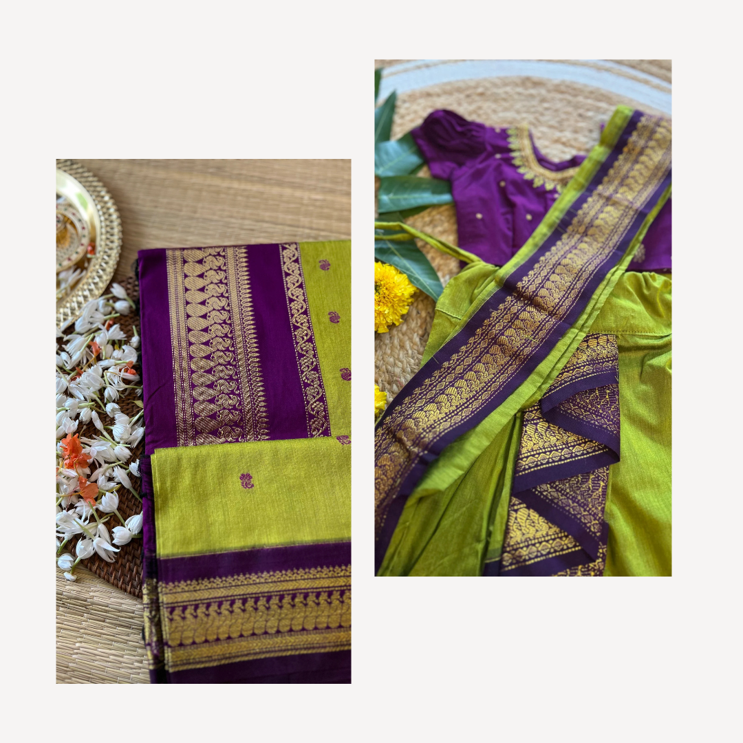 Green and wine - ready to wear baby saree & cotton silk saree mom and daughter combo set