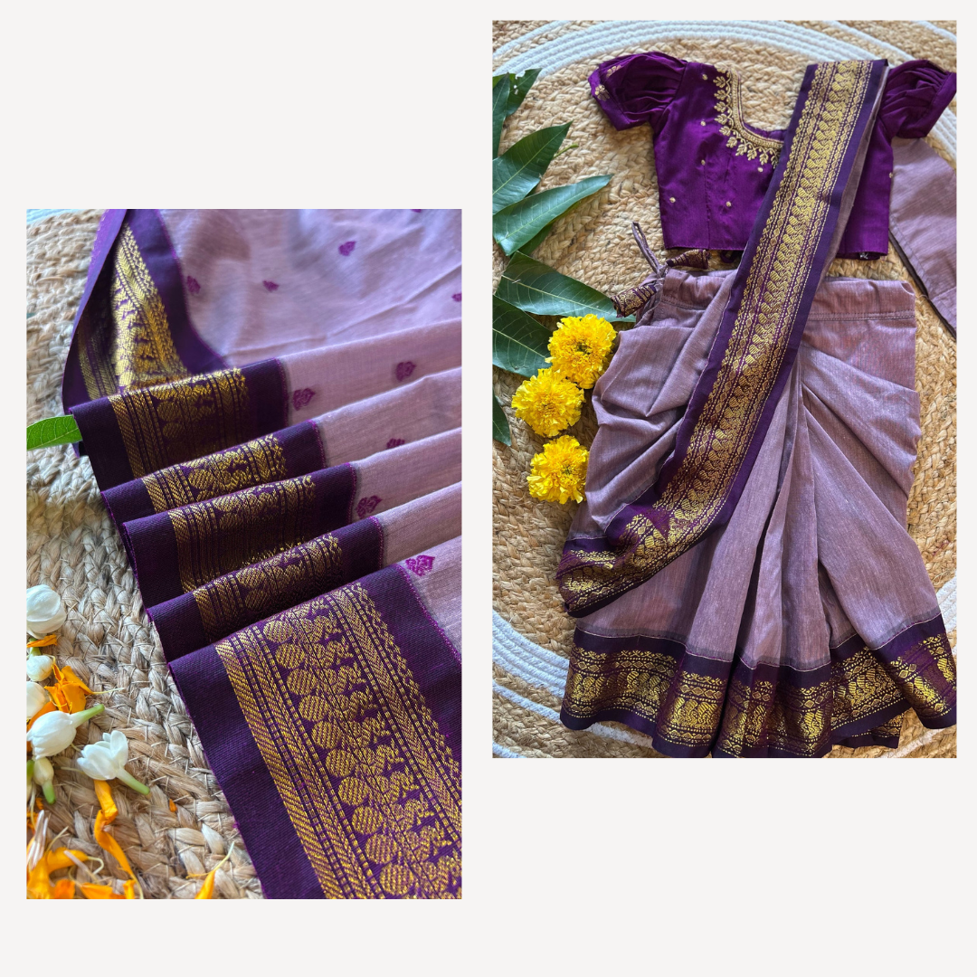 Lavendar wine - Ready to wear baby saree & cotton silk saree mom and daughter combo set