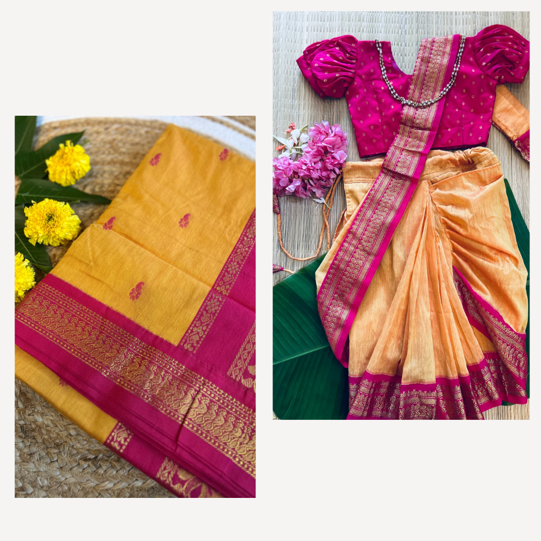 Mango Yellow and pink - cotton silk saree mom and daughter combo set