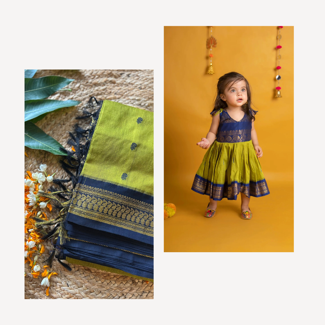 Green and blue - tie up frock & saree mom and daughter combo set