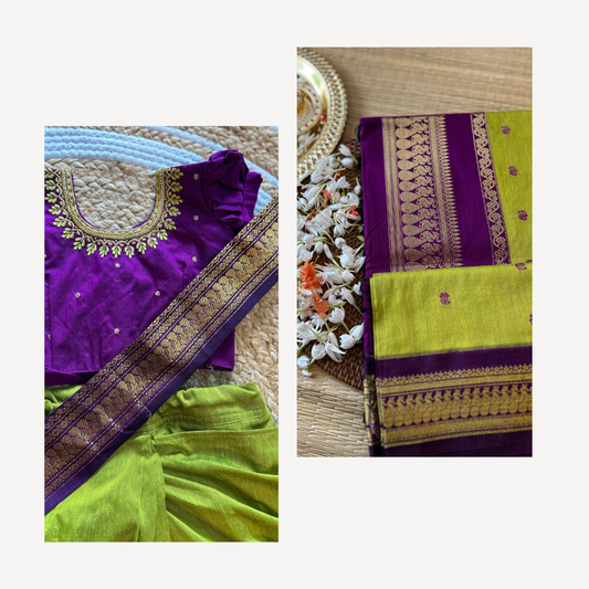Green & wine - Baby saree & mom cotton silk saree  ( mom and daughter combo set )