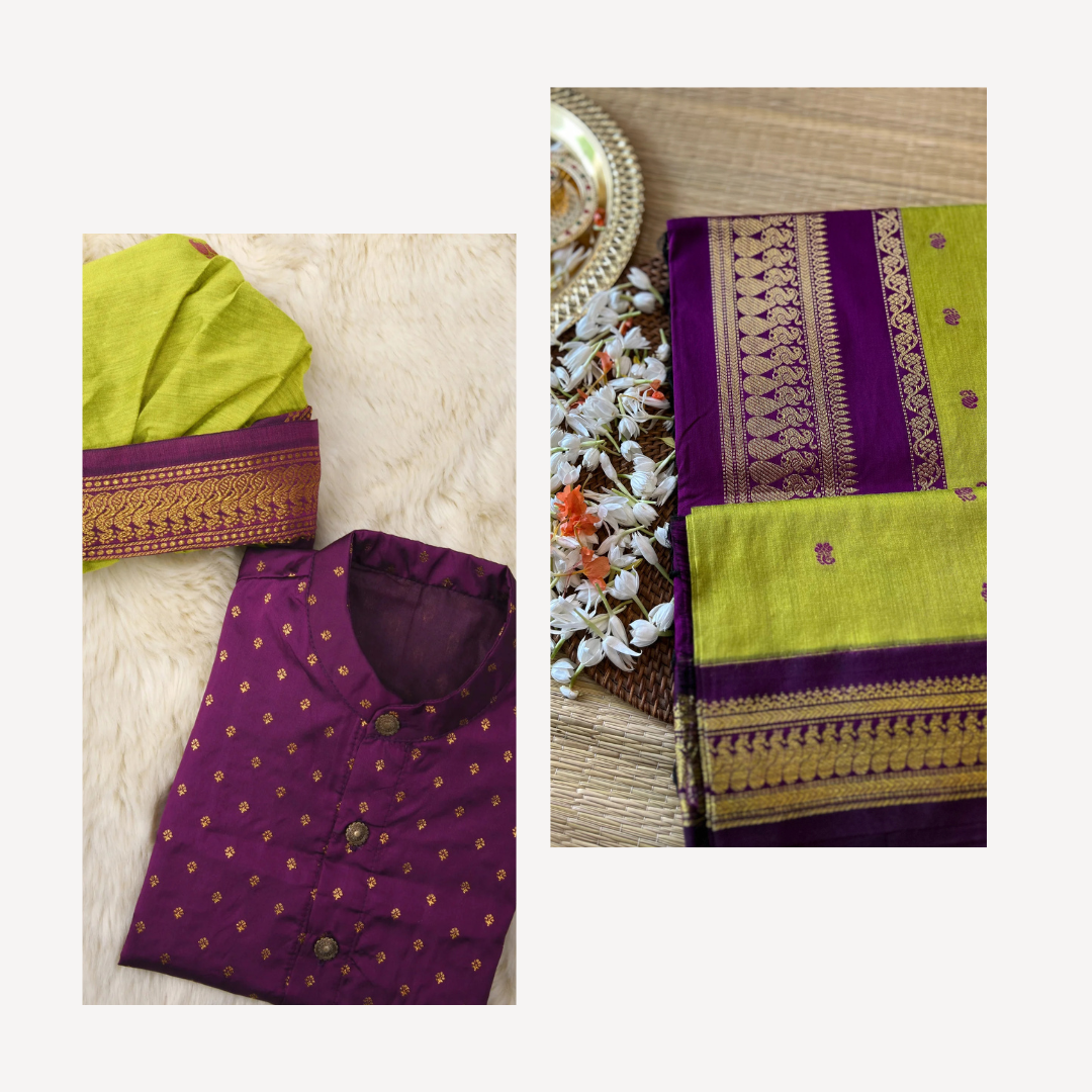 Green and wine kanchi Butta - mom and son combo set