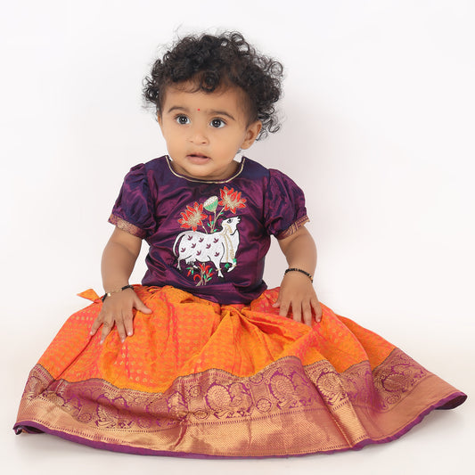 Parnashavari - Midnight Purple and Neon Orange traditional langa blouse kamadenu cow embroidered zari border ethnic wear pattu pavadai silk for baby girl