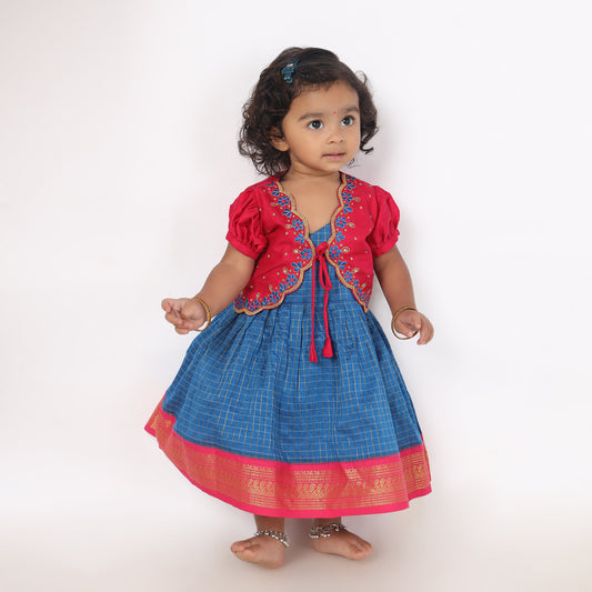 Blue and pink border checked langa jacket ethnic wear for baby girl