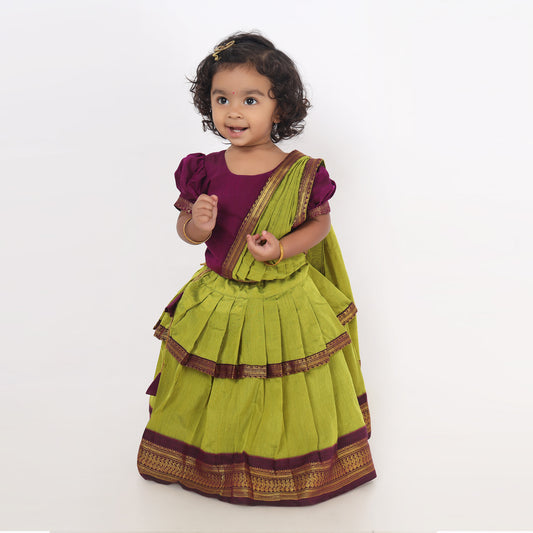 Green and wine traditional half saree ethnic wear for baby girl (100% Pure Cotton)