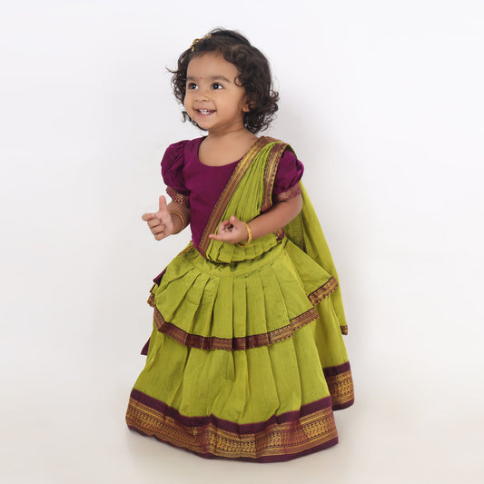 Green and wine traditional half saree for girls, ethnic wear for baby girl (100% Pure Cotton)