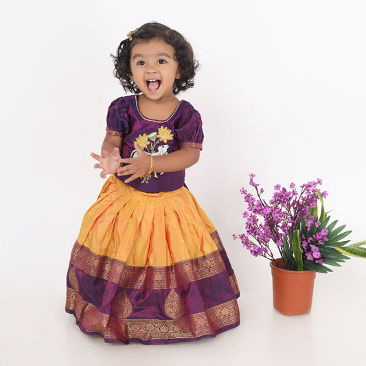 Anwita - dark violet and mustard yellow traditional langa blouse kamadenu cow embroidered zari border ethnic wear pattu pavadai silk for baby girl (Big border)