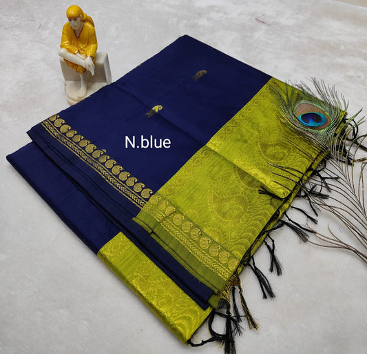 Navy blue with parrot green - Premium Cotton Silk Saree with Contrast Blouse