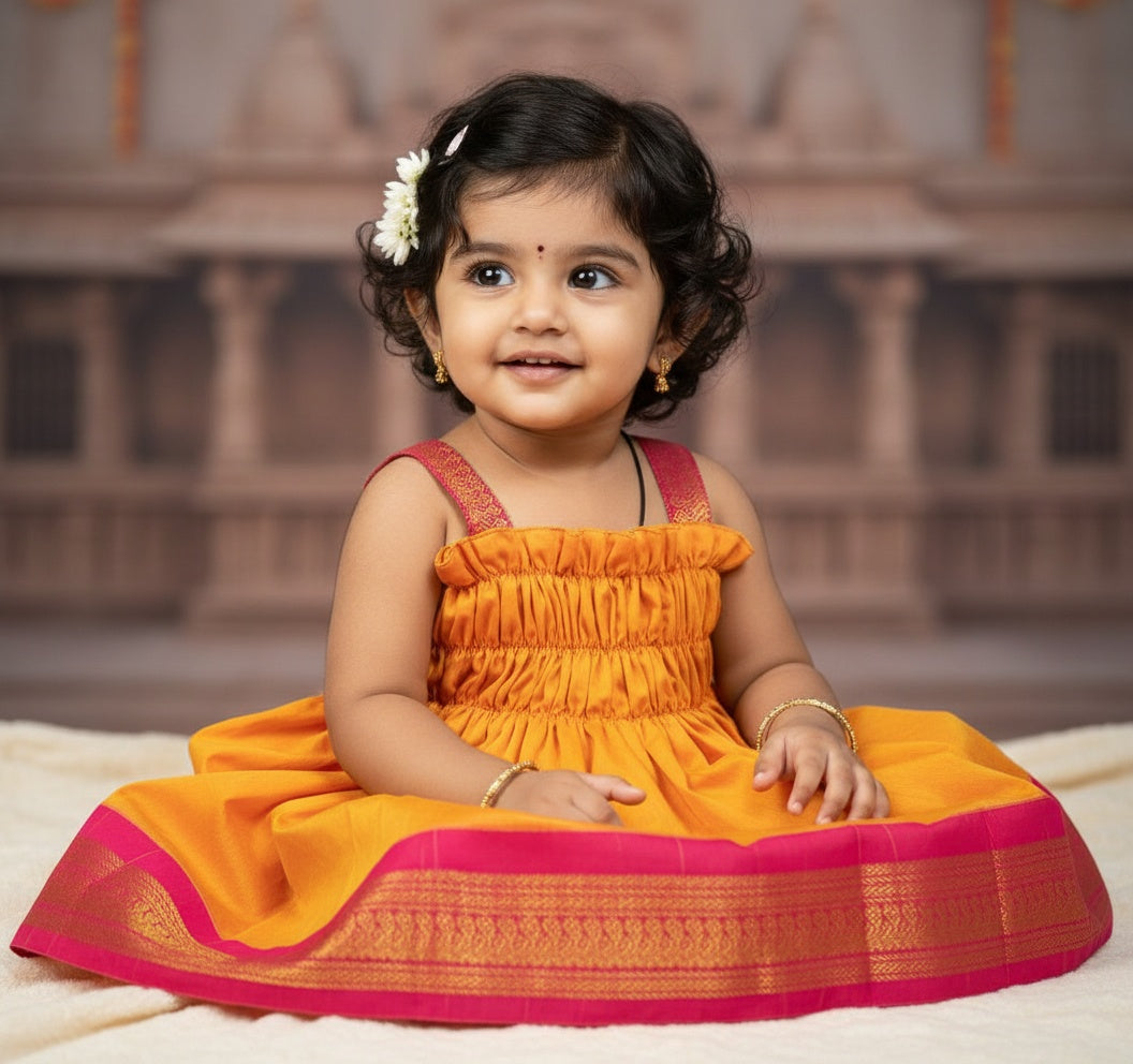Mango yellow with pink frock South Indian ethnic wear for baby girl