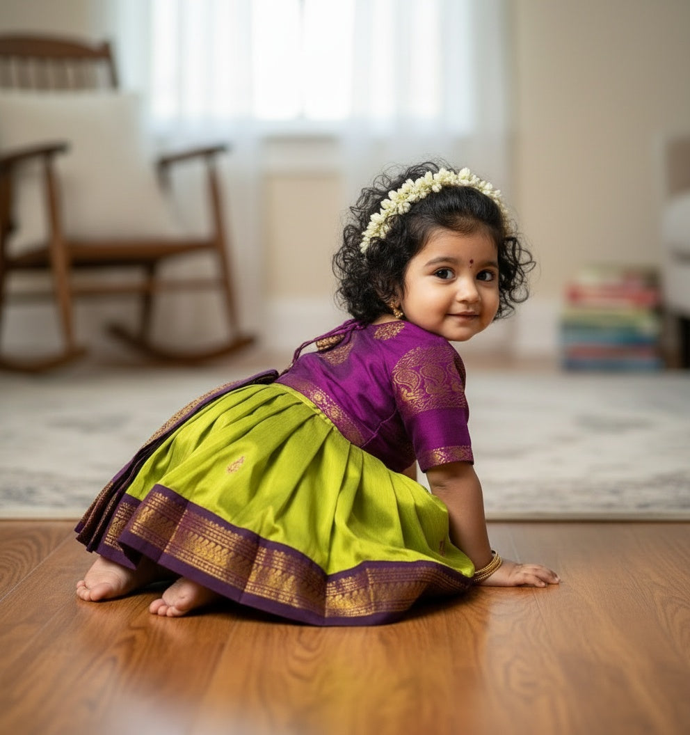 Green and Wine traditional full sleeve pavadai set for Baby Girl