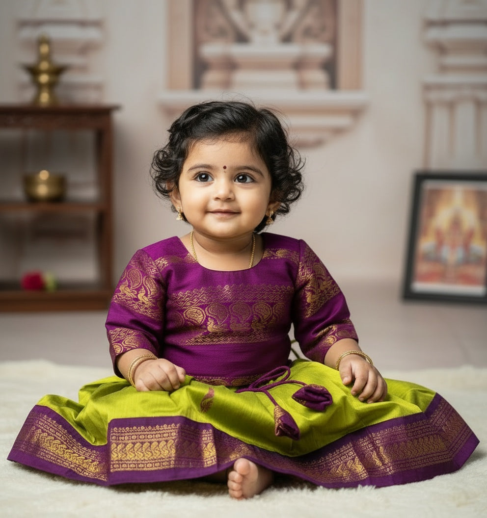 Green and Wine traditional full sleeve pavadai set for Baby Girl