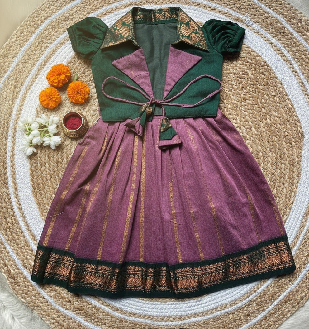 Lavender with bottle green jacket frock South Indian ethnic wear for baby girl