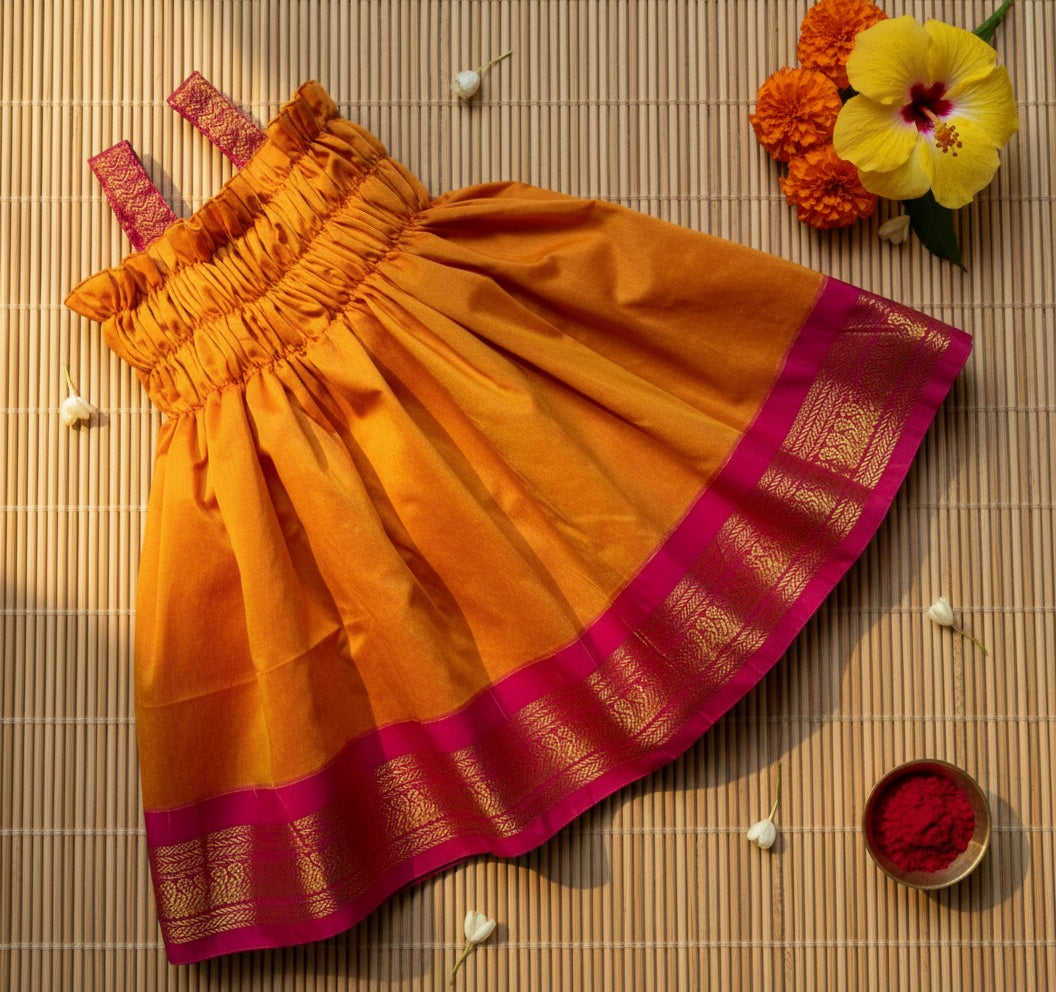 Mango yellow with pink frock South Indian ethnic wear for baby girl