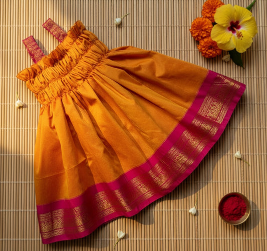 Mango yellow with pink frock South Indian ethnic wear for baby girl