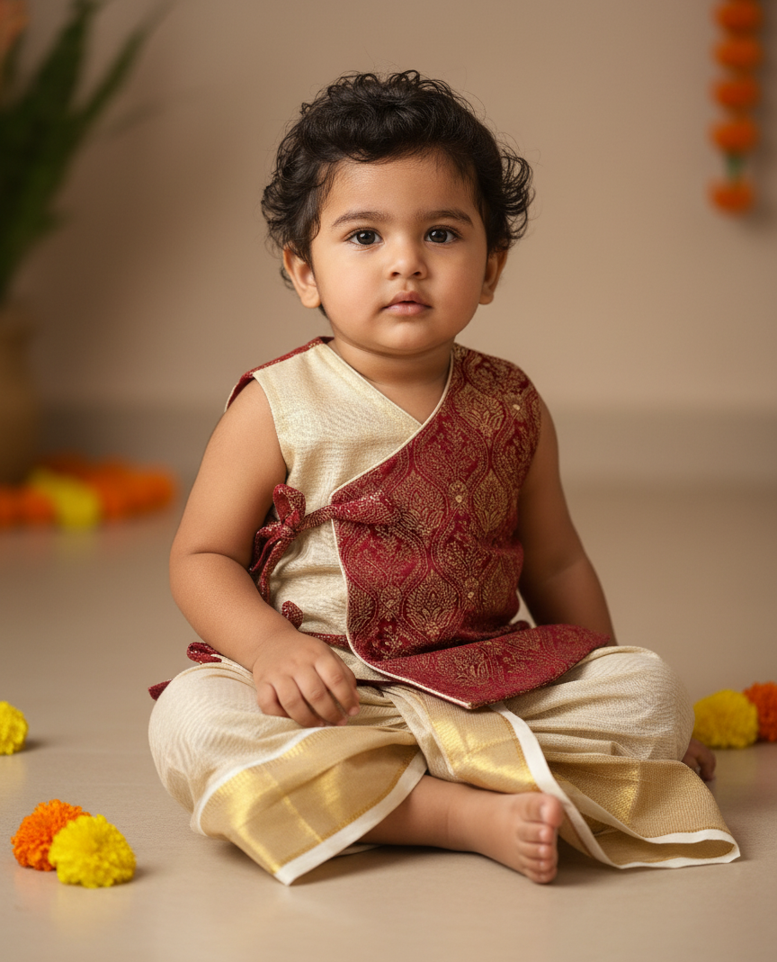 Maroon banarasi angrakha with traditional gold dhoti ethnic wear for baby boy