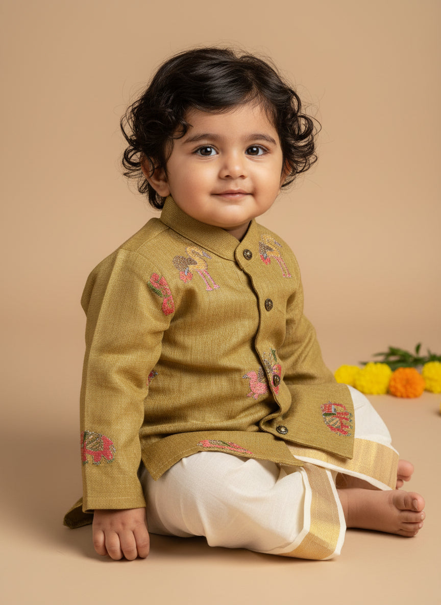 Pure Linen Pastel Yellow and Cream handloom cotton Kurta Dhoti ethnic wear for baby boy