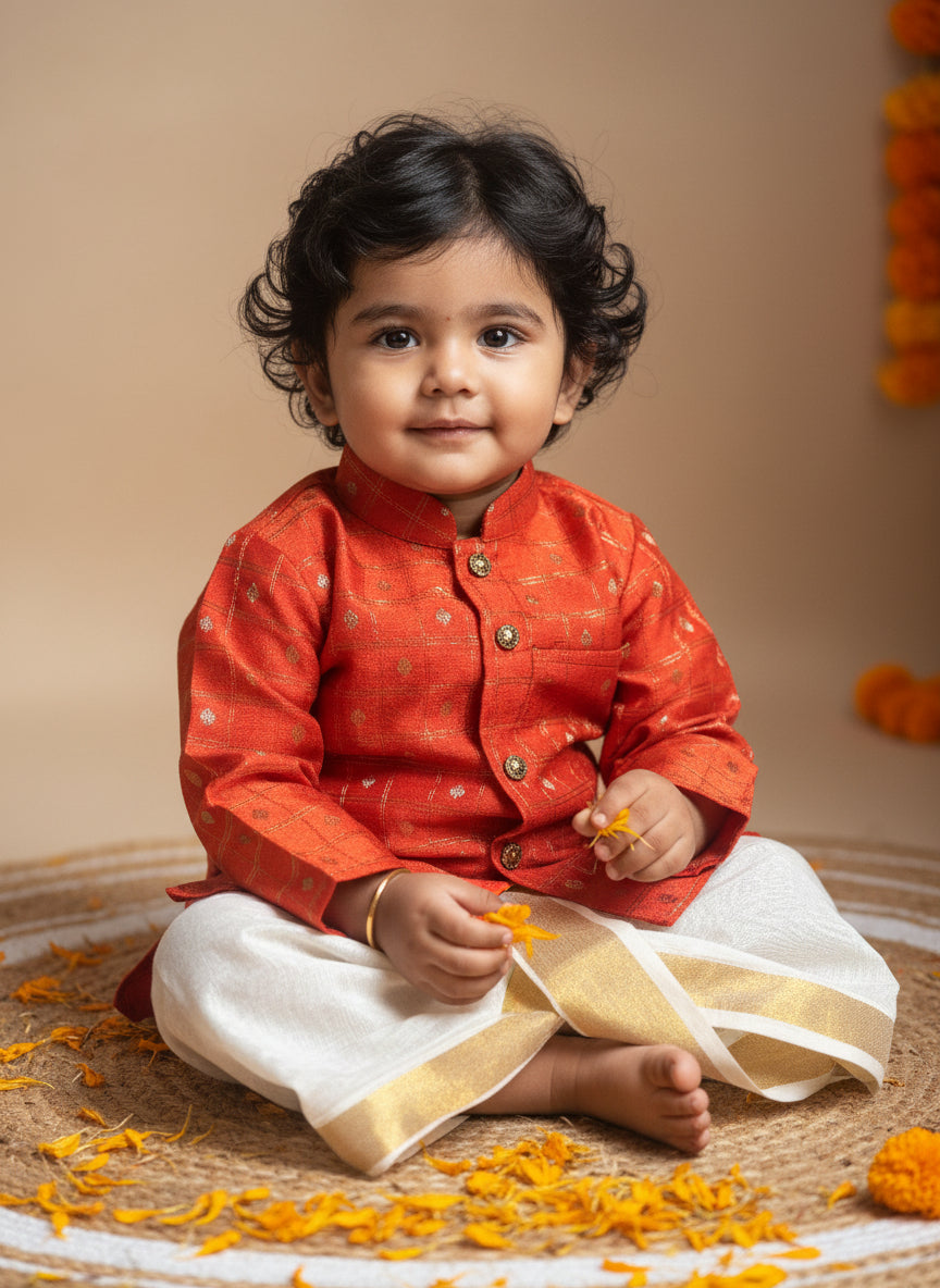Reshme chowka orange with handloom cotton white with zari dhoti ethnic wear for baby boy