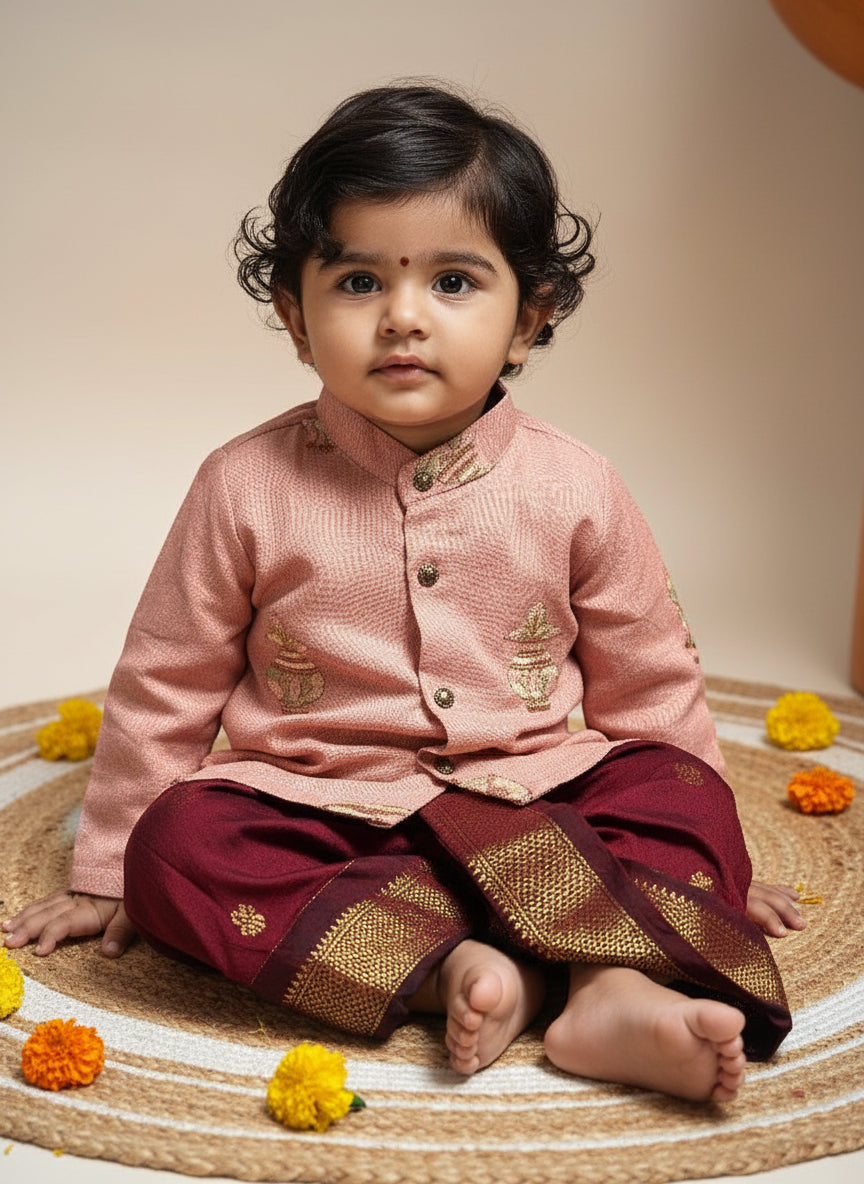 Pure Linen Pastel pink and maroon cotton Kurta Dhoti ethnic wear for baby boy