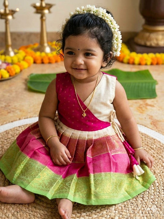 Mul cotton White & Pink Angrakha-Style  Ethnic Wear for Baby Girl – Traditional frock for Baby Girl