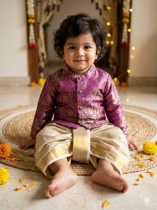 Royal Baingan Deep Purple Banarasi kurta with traditional gold dhoti ethnic wear for baby boy