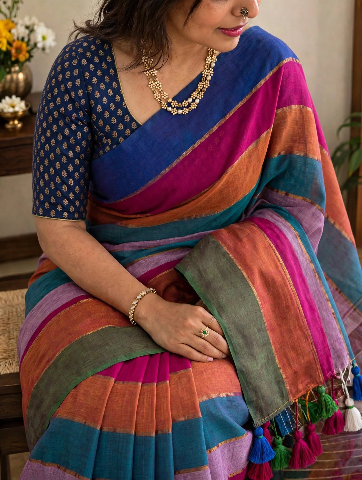 soft mul cotton with kanchi border light weight saree - Multi colour