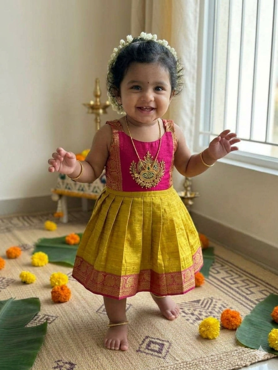 Turmeric yellow with pink Diya Embroidery Ethnic Wear for Baby Girl – Traditional frock for Baby Girl