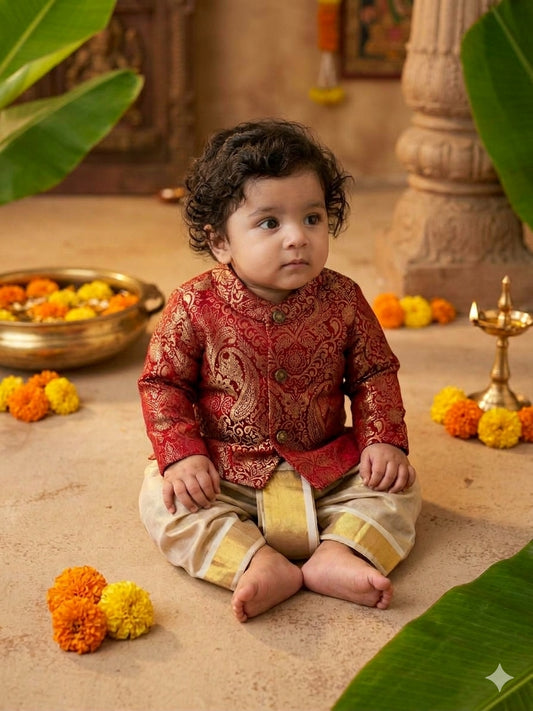 Maharaja Royal Maroon Banarasi  Kurta Traditional gold dhoti ethnic wear for baby boy