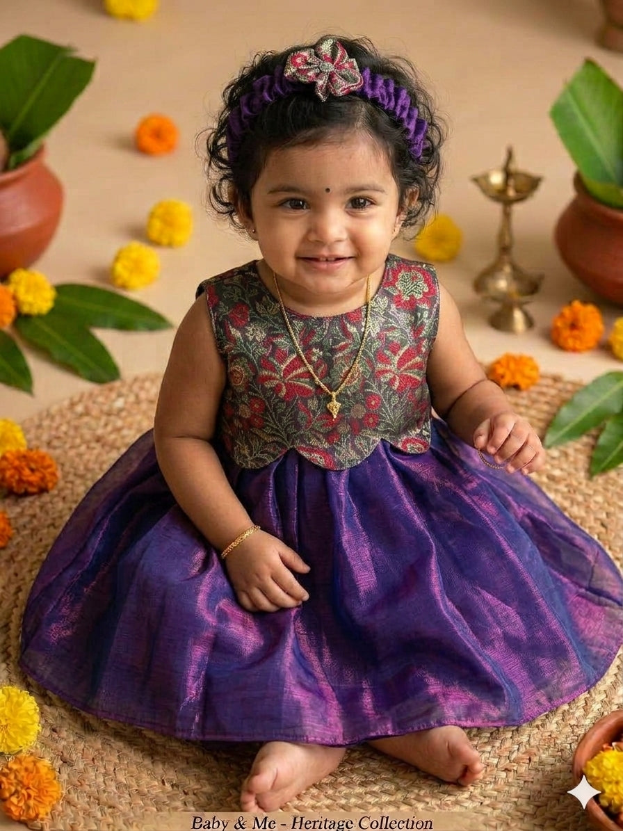 Purple with Gilded Rose Petal Infant Gown Ethnic Wear for Baby Girl – Birthday frock for Baby Girl