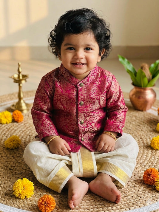 Grand Ethnic Celebration Pink Banarasi kurta with traditional gold dhoti ethnic wear for baby boy
