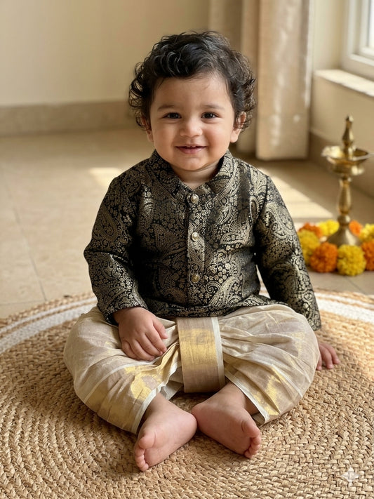 Royal Black Festive Banarasi Kurta traditional gold dhoti ethnic wear for baby boy