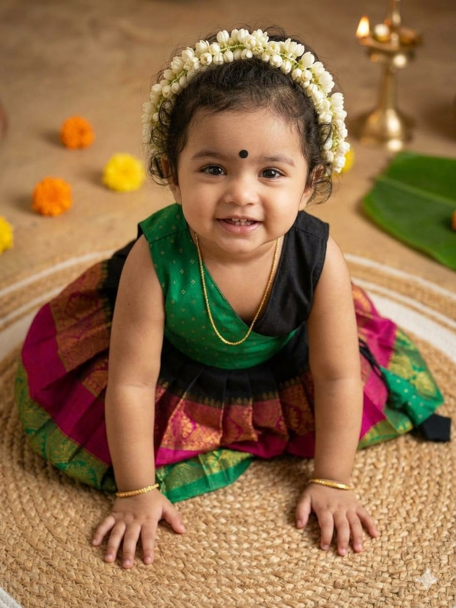 Mul cotton Black & Green Angrakha-Style  Ethnic Wear for Baby Girl – Traditional frock for Baby Girl