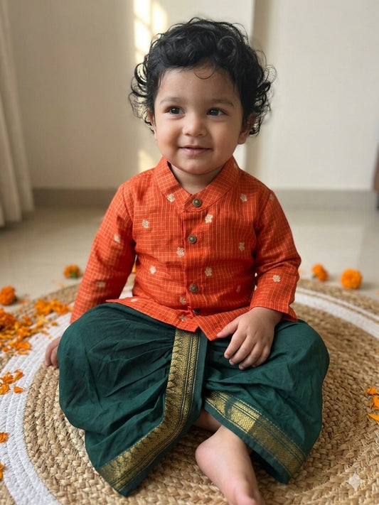 Orange with green reshme chowka Kurta Dhoti for baby boy - Festive Collection