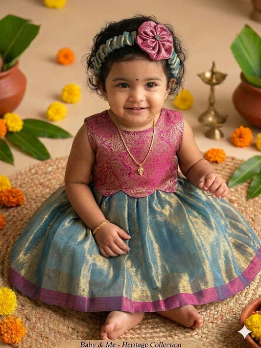 Aqua Blue with Pink Scalloped Gown Ethnic Wear for Baby Girl – Birthday frock for Baby Girl