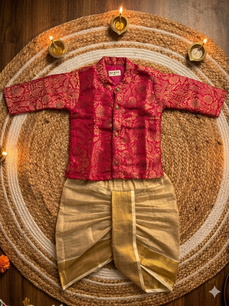 Royal Pink Banarasi Kurta traditional gold dhoti ethnic wear for baby boy